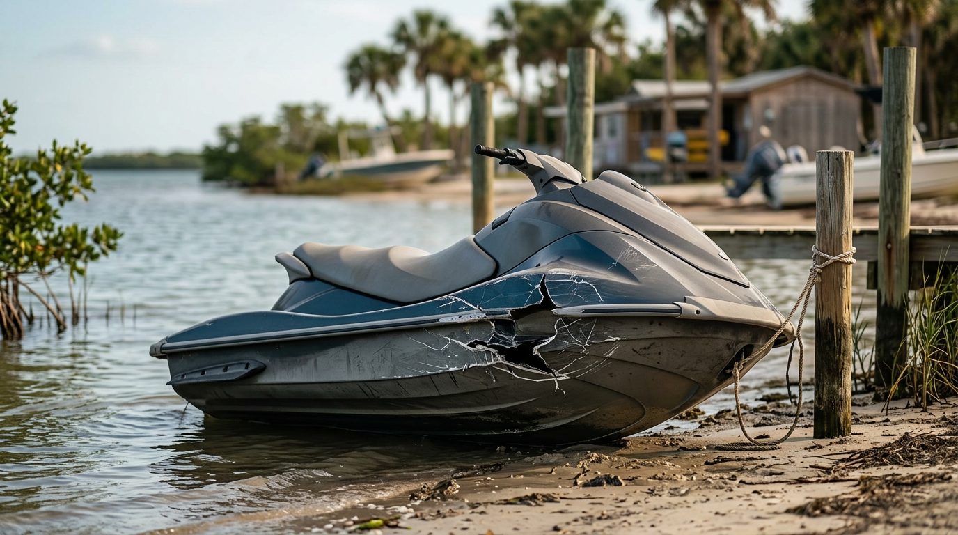 Damaged jet ski beached at rental dock after water collision.
