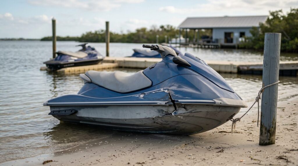 Damaged jet ski beached at rental dock after water collision.