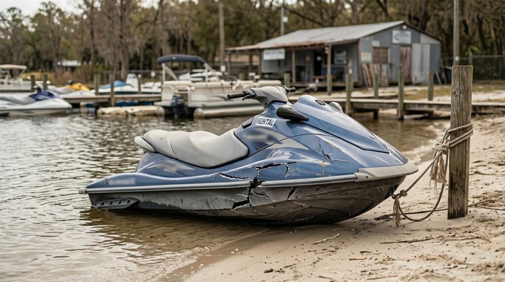 Damaged jet ski beached at rental livery after water collision in Orlando.