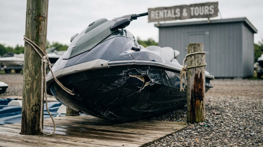 Damaged jet ski beached at rental livery after water collision.