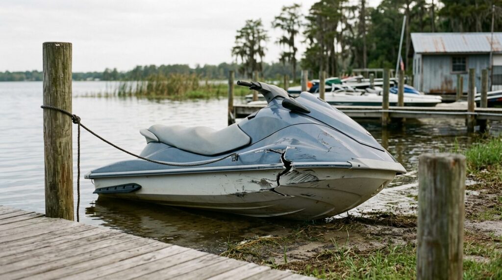Damaged jet ski beached at rental livery after water collision.