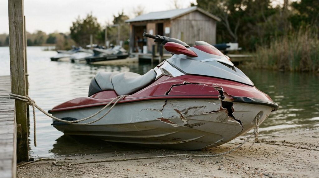 Damaged jet ski hull beached at rental dock after water collision.