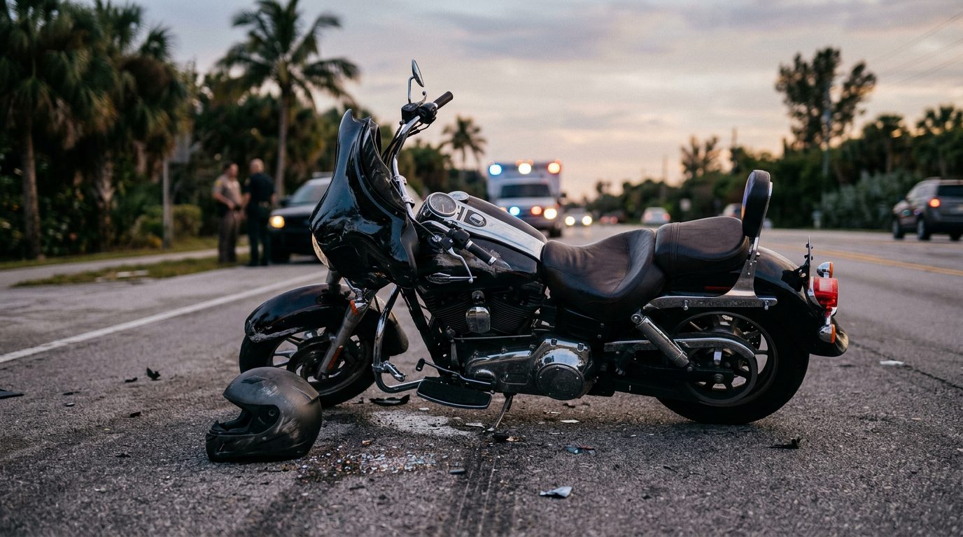 Damaged motorcycle and helmet on pavement after collision.