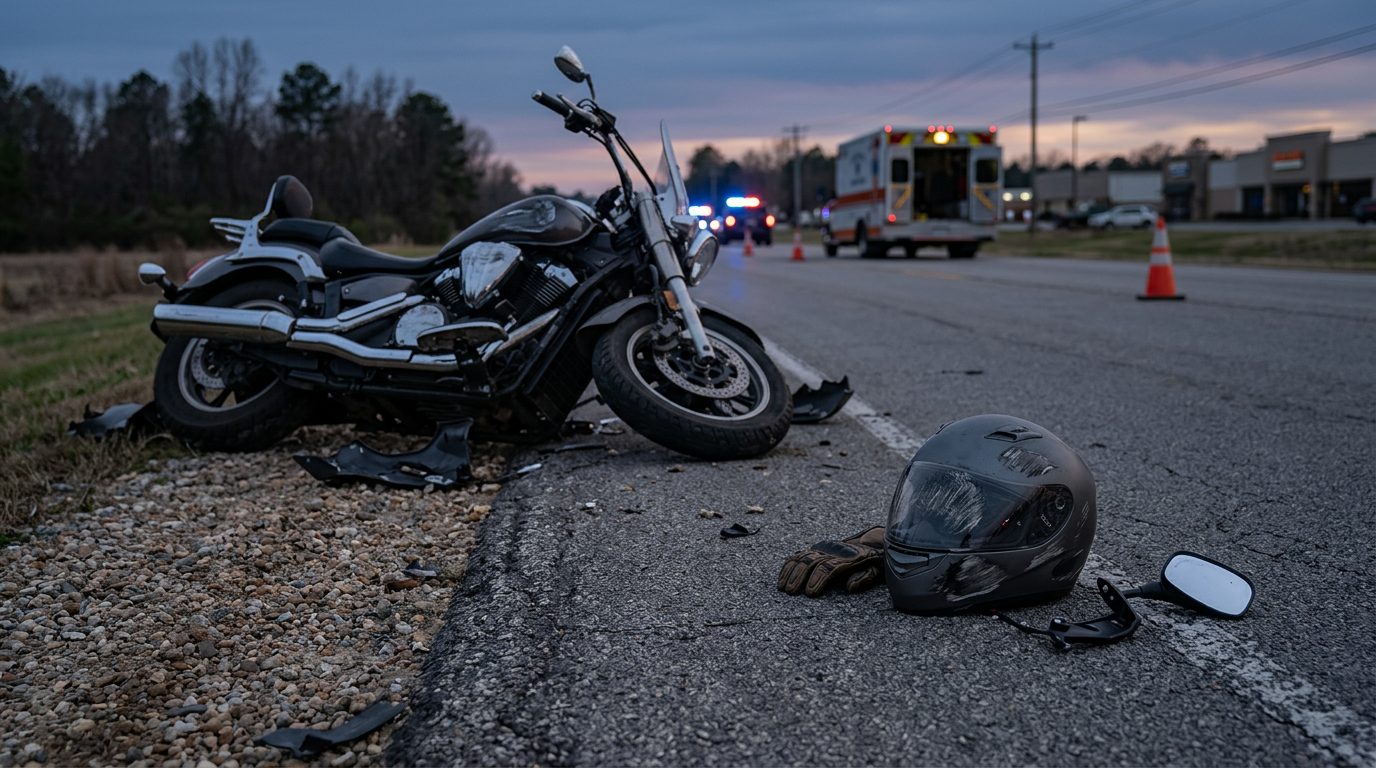 Damaged motorcycle and helmet on pavement after collision.