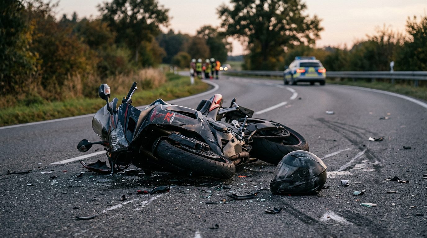 Damaged motorcycle and helmet on pavement after collision.