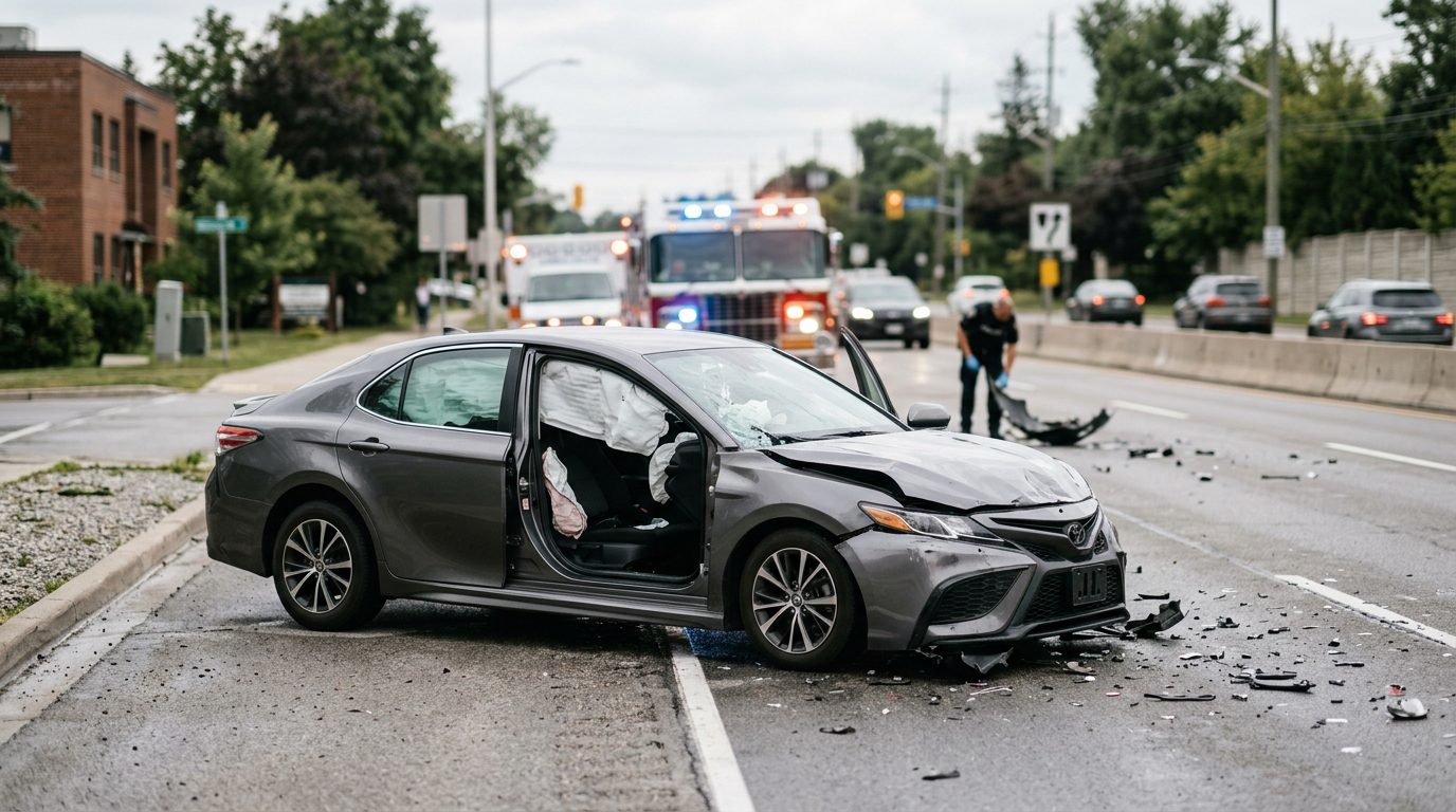 Damaged passenger vehicle with deployed airbags after a serious car accident.