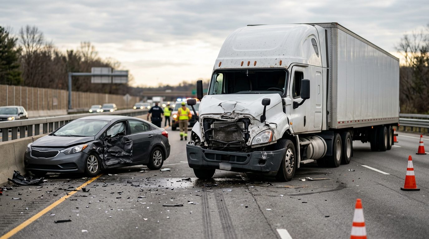 Damaged semi truck and passenger car after collision on road.