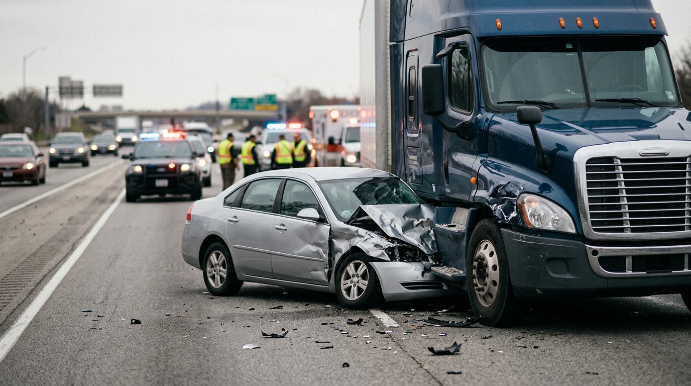 Damaged semi truck and passenger car after collision on road.
