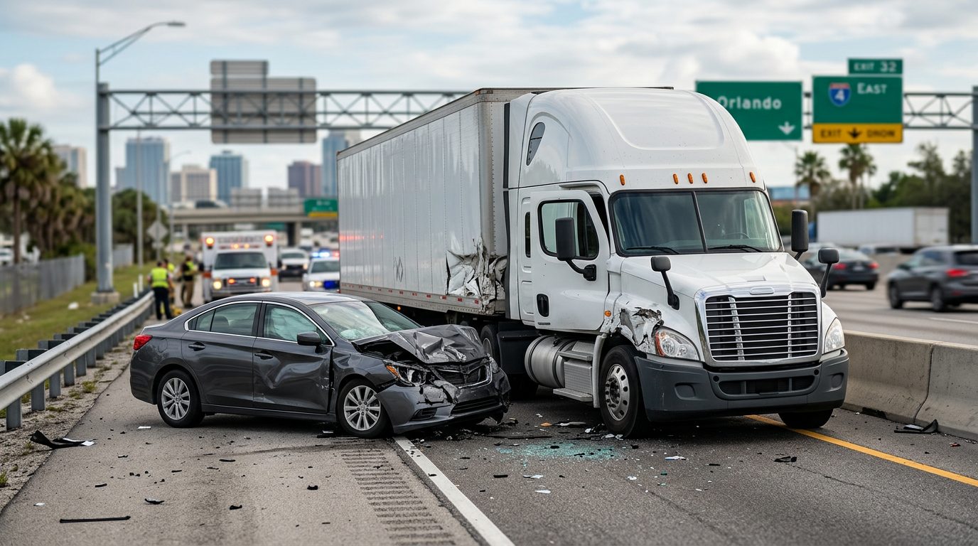 Damaged semi truck and passenger vehicle after collision on roadway.