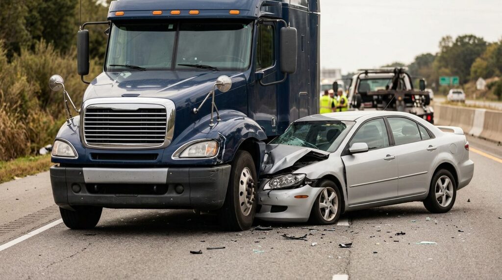 Damaged semi truck and passenger vehicle after collision on road.