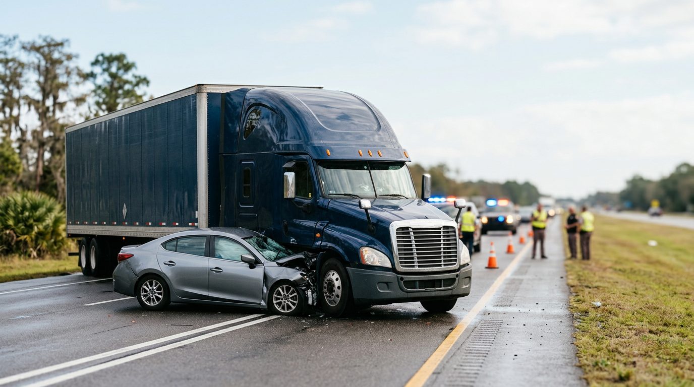 Damaged semi truck and passenger vehicle after collision on Florida highway.