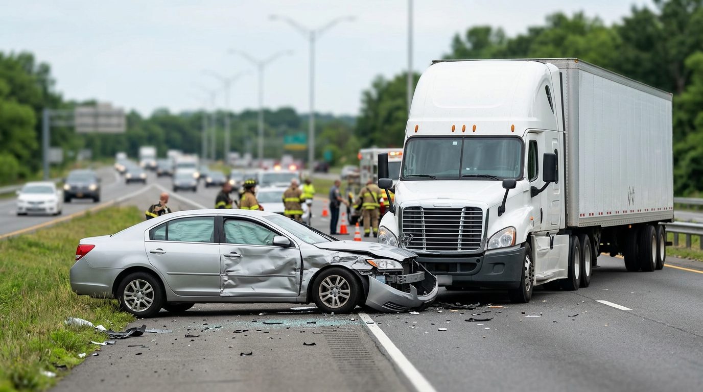 Damaged semi truck and passenger vehicle after collision on highway.