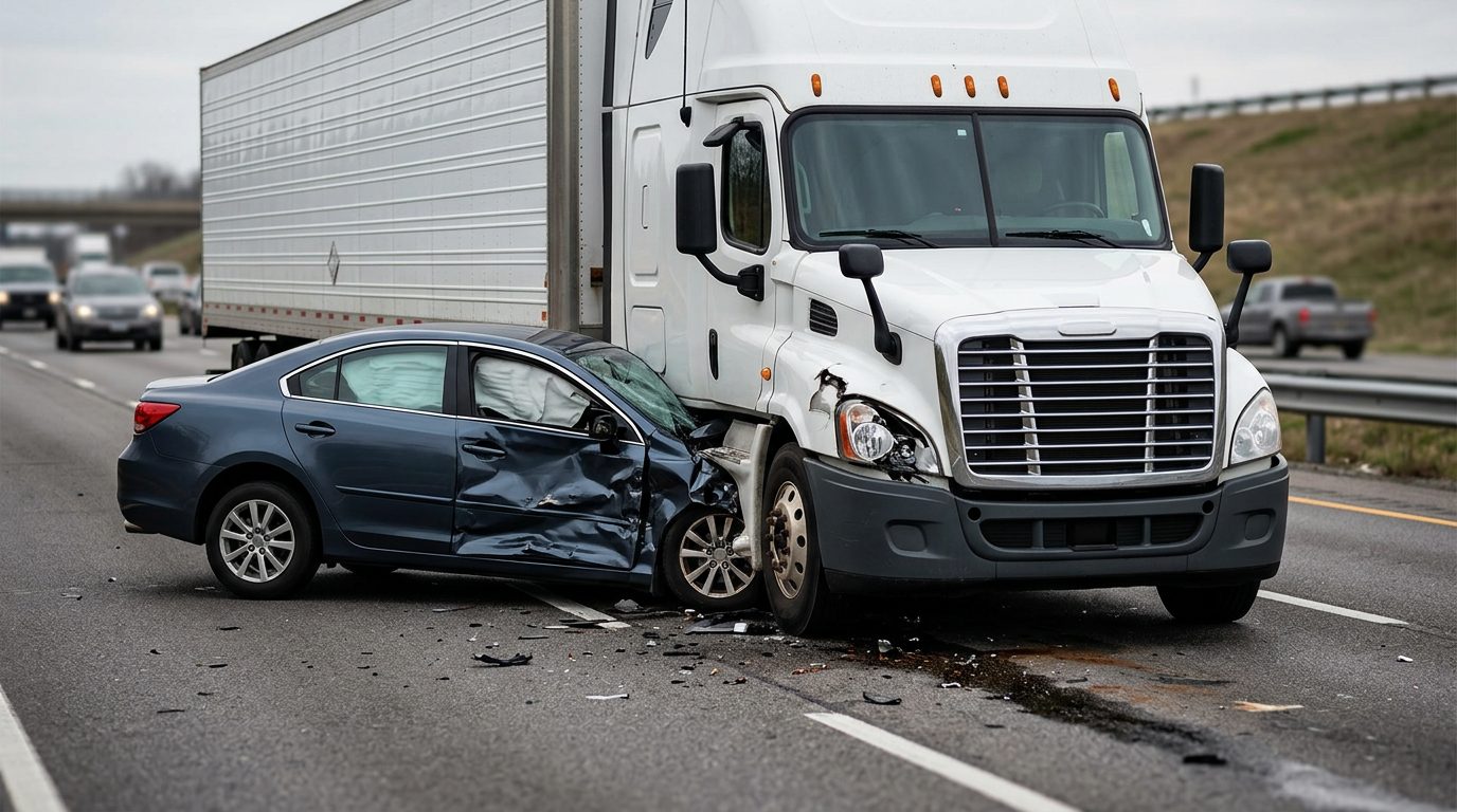Damaged semi truck and passenger vehicle after collision on road.