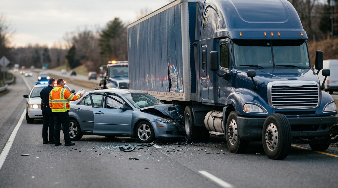 Damaged semi truck and passenger vehicle after collision on roadway.