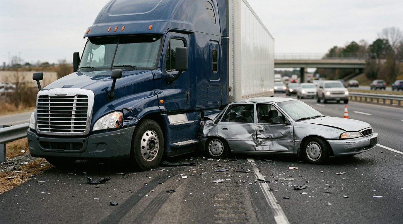 Damaged semi truck and passenger vehicle after collision on roadway.