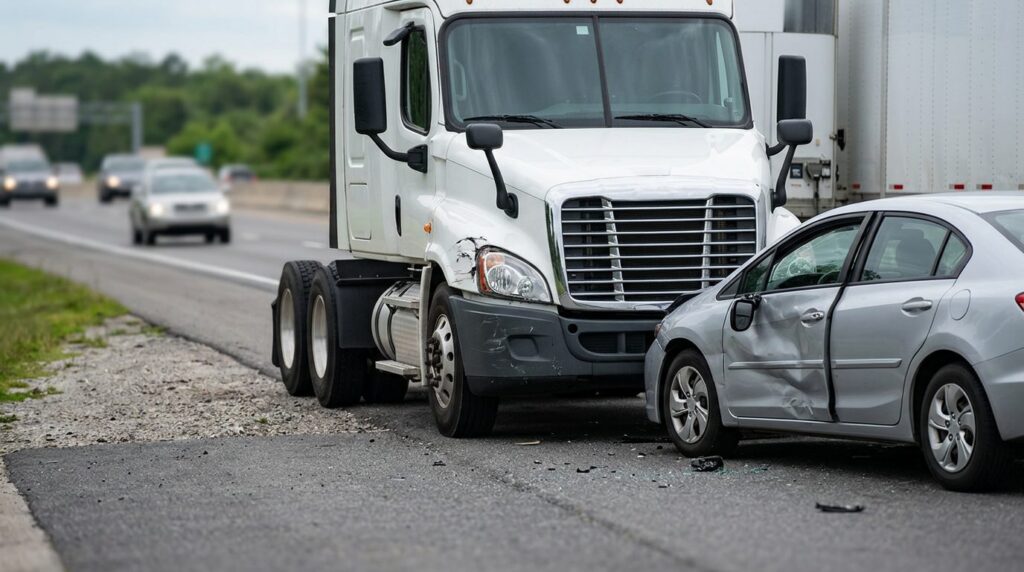Damaged semi truck and passenger vehicle after collision on Florida highway.