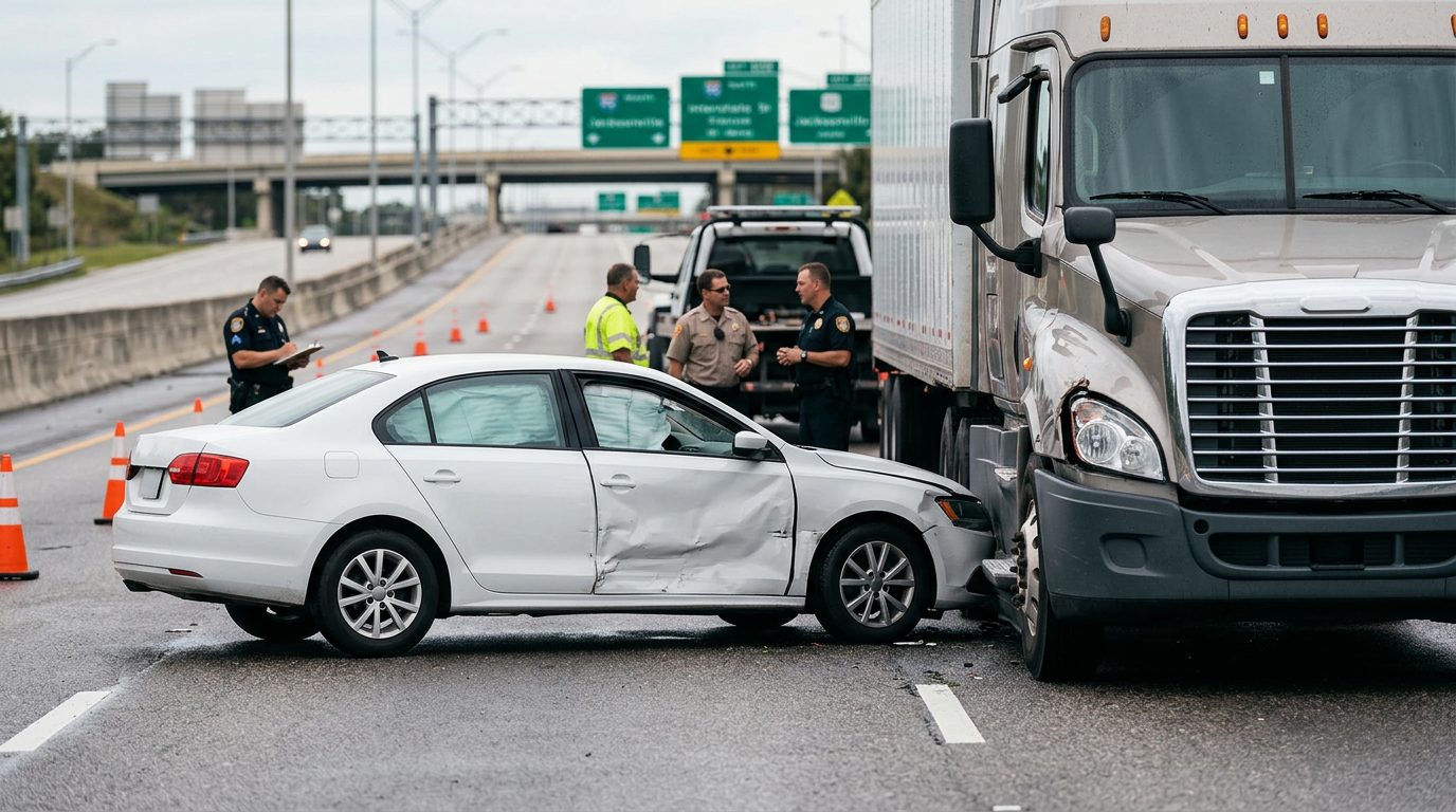 Damaged semi truck and passenger vehicle after collision on Jacksonville road.