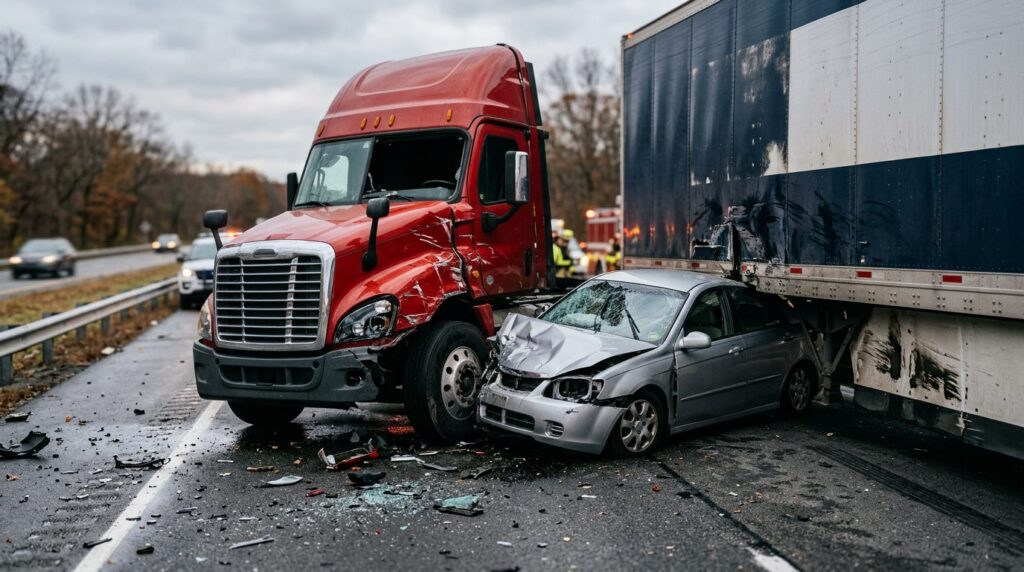 Damaged semi truck and passenger vehicle after collision on road.