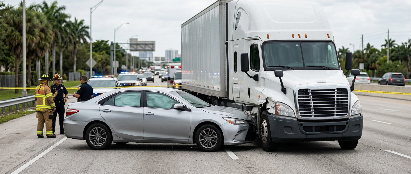 Damaged semi truck and passenger vehicle after collision on Fort Lauderdale road.
