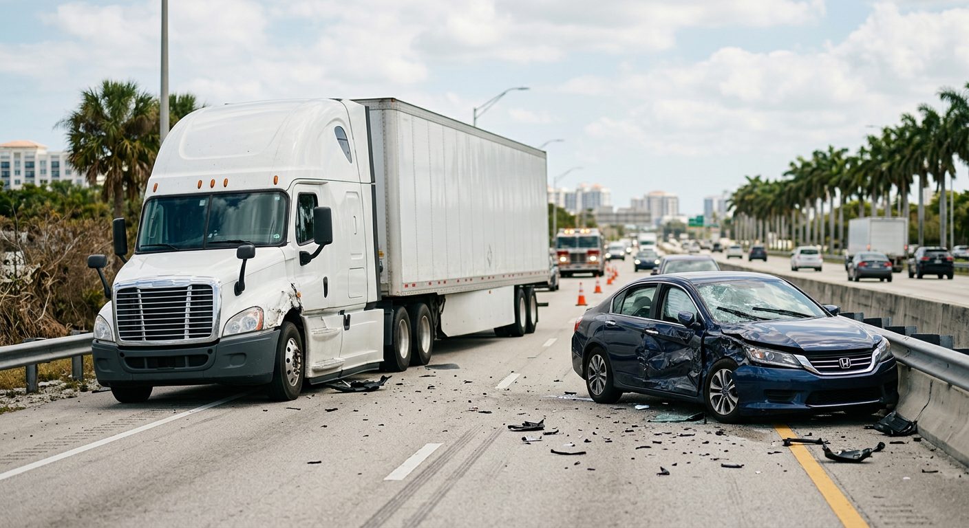 Damaged semi truck and passenger vehicle after collision on road.