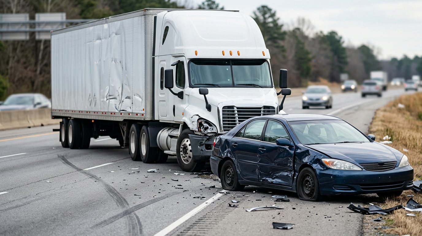 Damaged semi truck and passenger vehicle after collision on road.