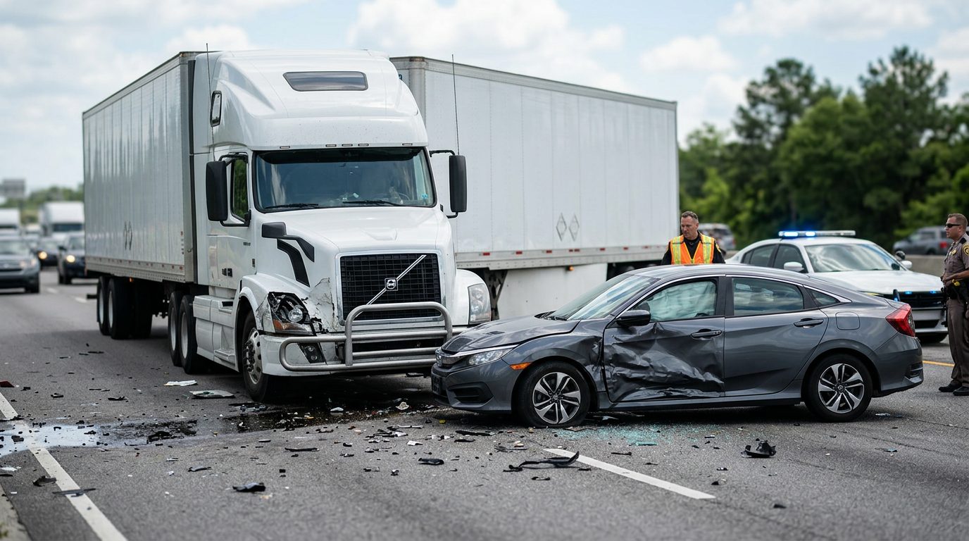 Damaged semi truck and passenger vehicle after collision on road.