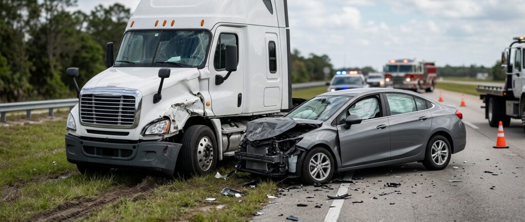 Damaged semi truck and passenger vehicle after collision on Florida highway.