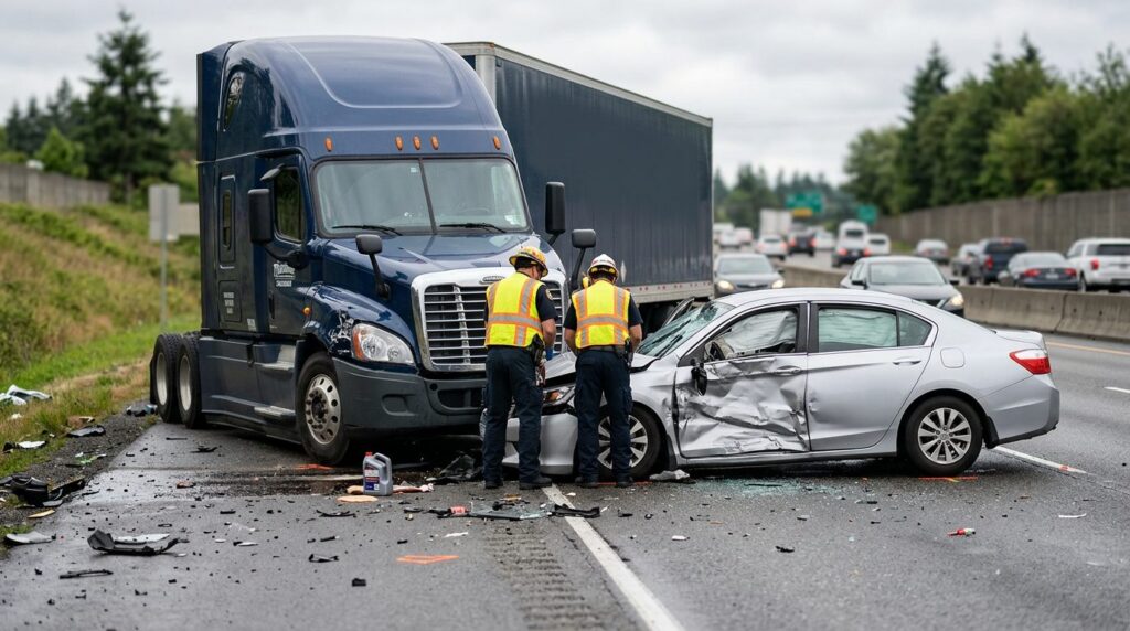 Damaged semi truck and passenger vehicle after collision.