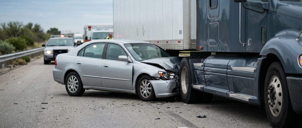 Damaged semi truck and passenger vehicle after collision.