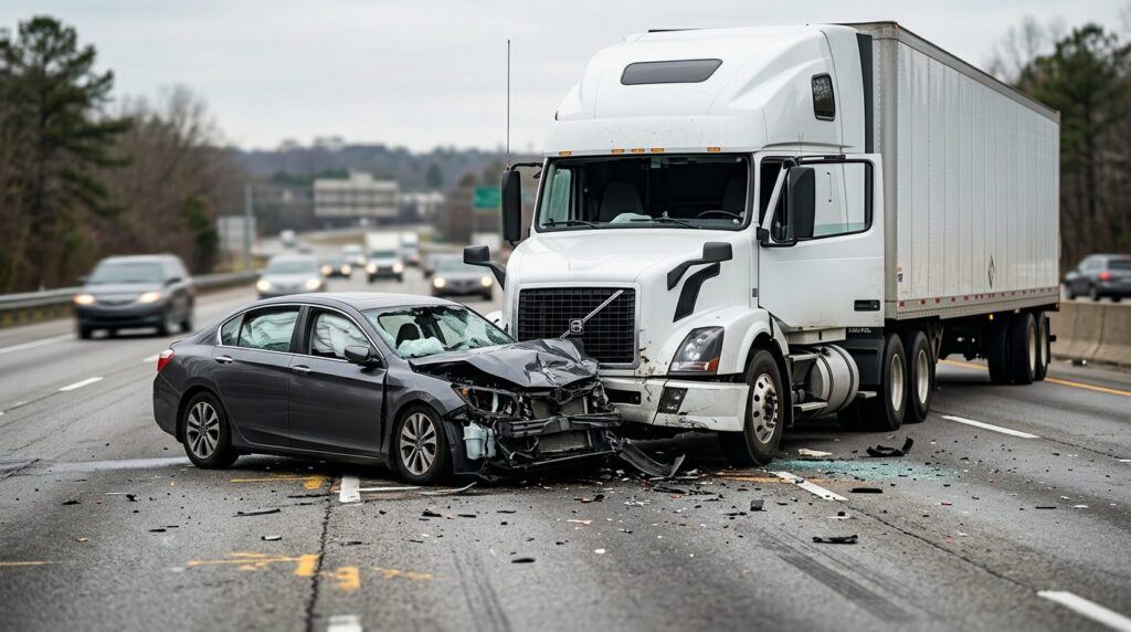 Damaged semi truck and passenger vehicle after collision.
