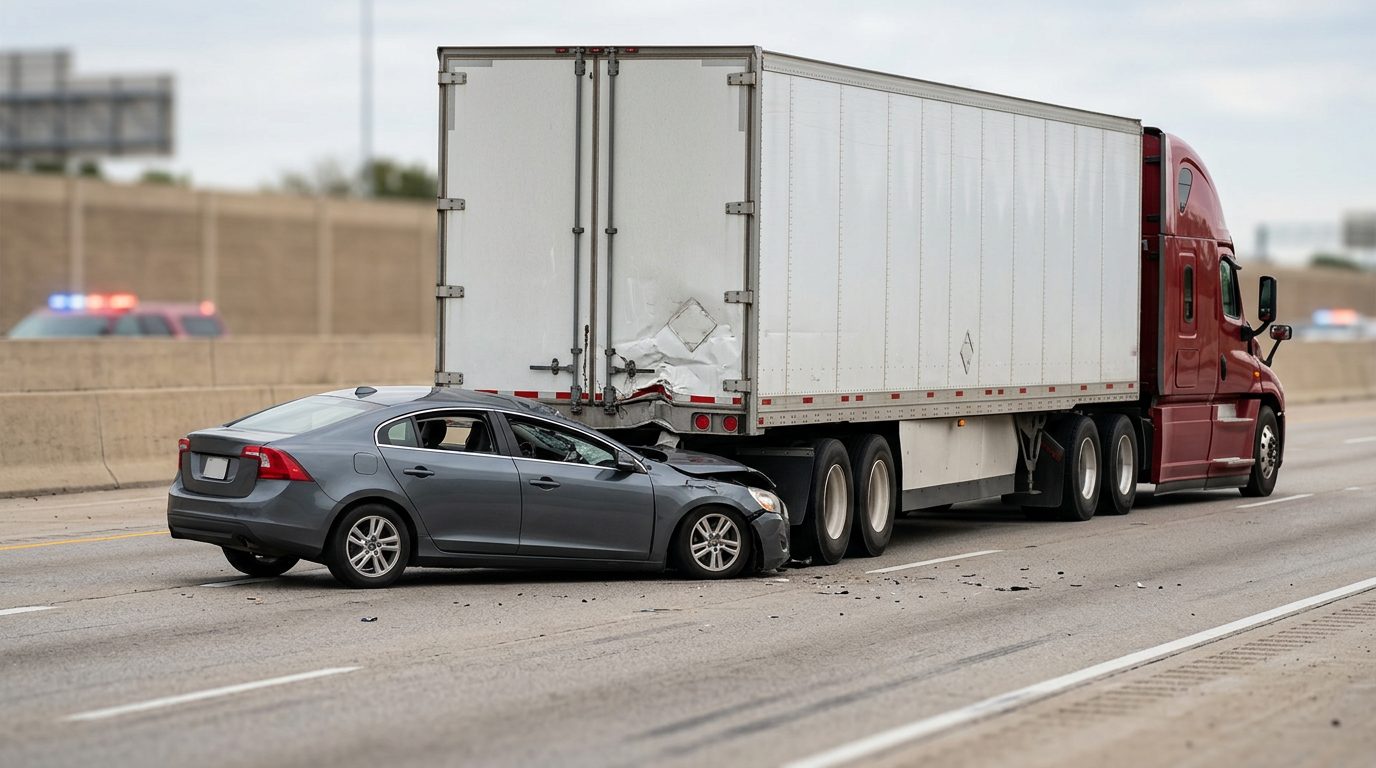 Damaged semi truck and passenger vehicle after collision.