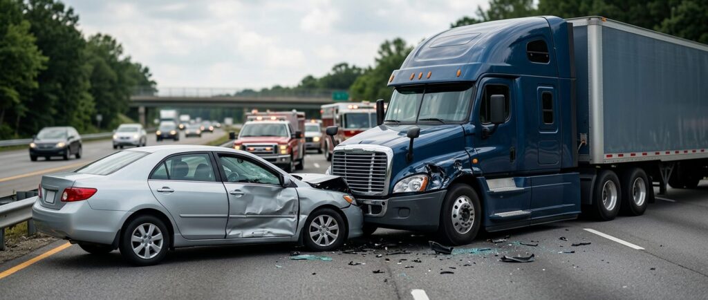 Damaged semi truck and passenger vehicle after collision.