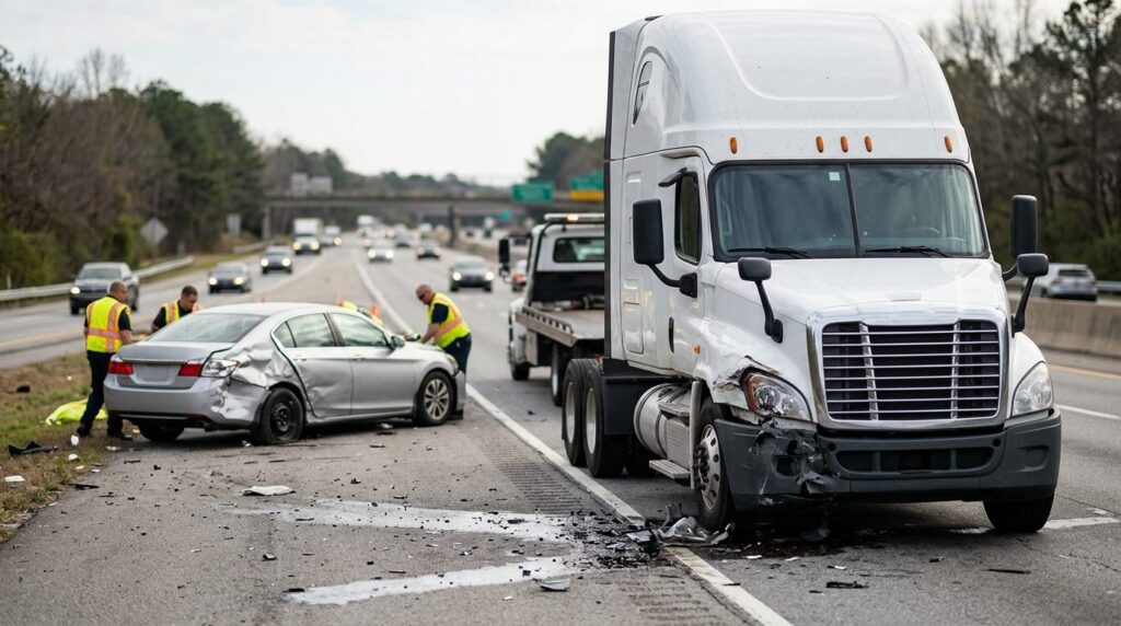 Damaged semi truck and passenger vehicle after collision.