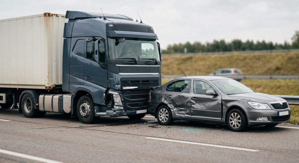 Damaged semi truck and passenger vehicle after collision.