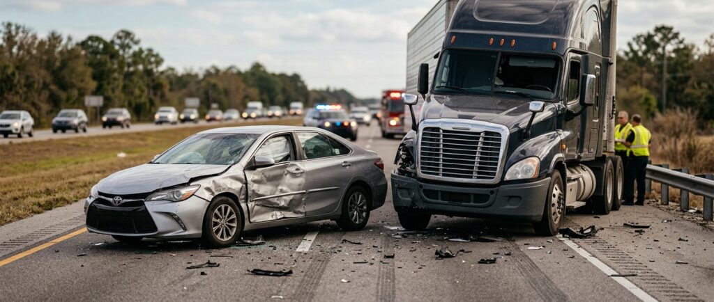 Damaged semi truck and passenger vehicle after collision.
