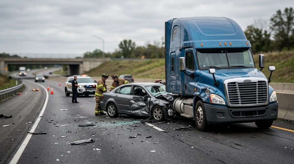Damaged semi truck and passenger vehicle after collision.