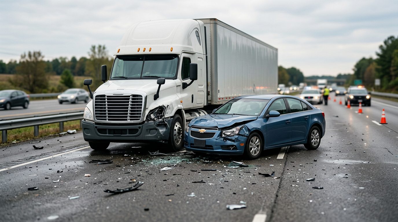 Damaged semi truck and passenger vehicle after collision.