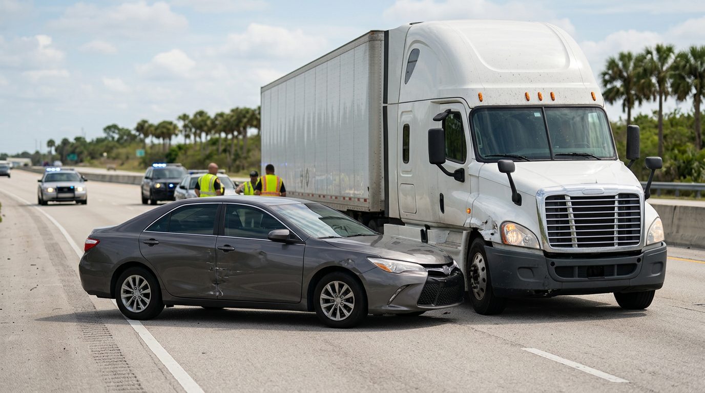 Damaged semi truck and passenger vehicle after collision.