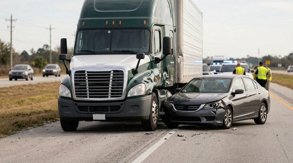Damaged semi truck and passenger vehicle after collision.