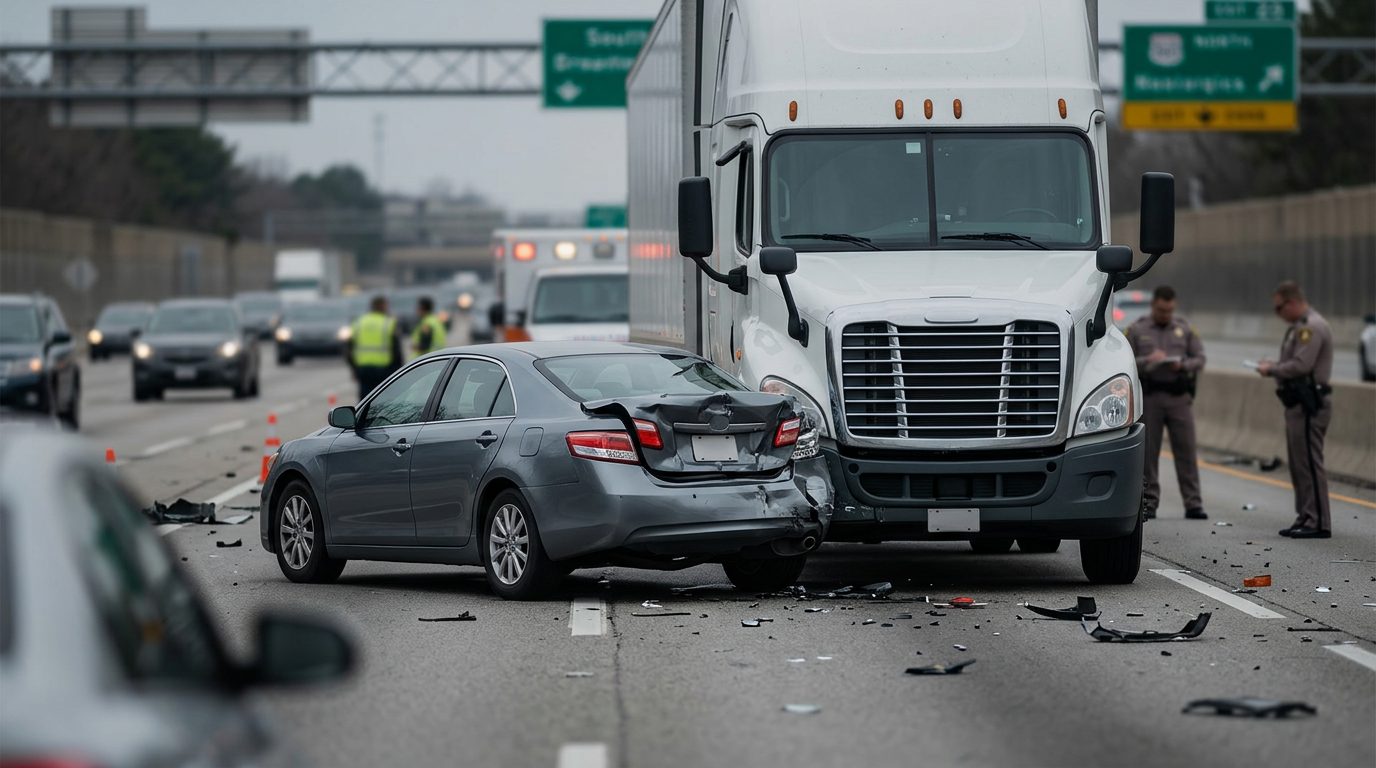 Damaged semi truck and passenger vehicle after rear-end collision.