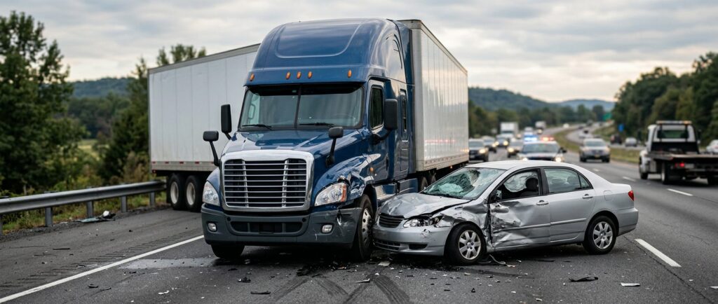 Damaged semi truck and passenger vehicle after serious collision.