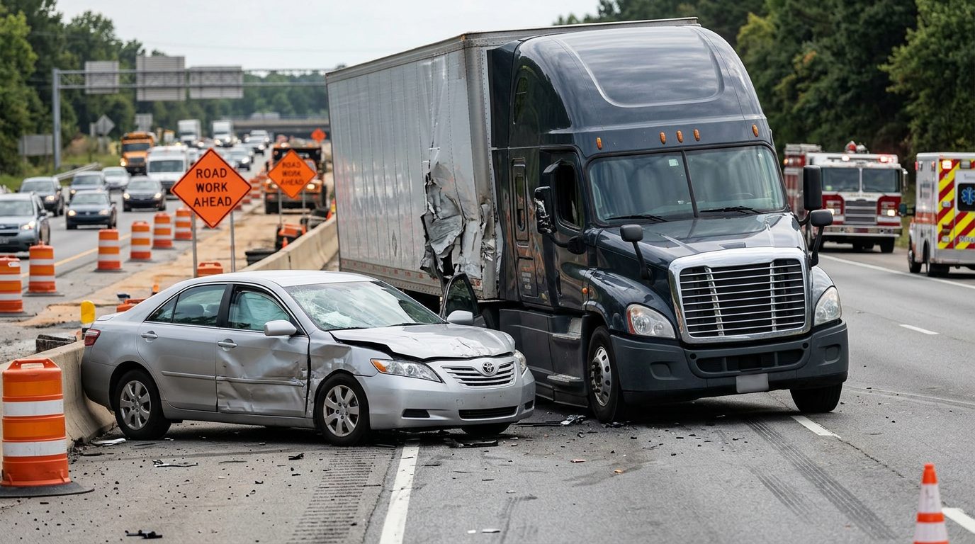 Damaged semi truck and passenger vehicle after serious collision in work zone.