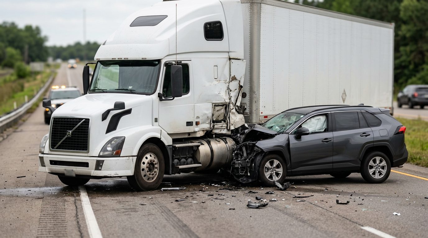 Damaged semi truck and passenger vehicle after T-bone collision.
