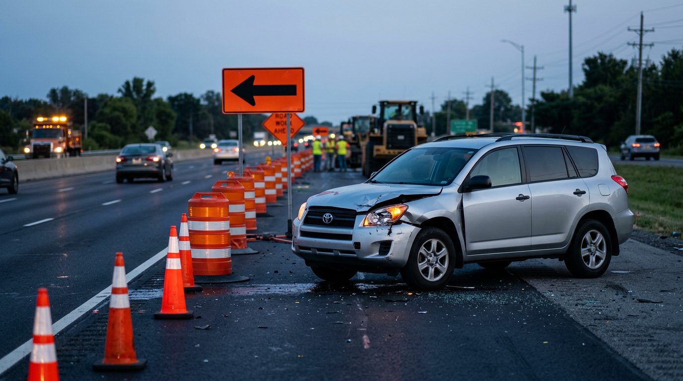 Damaged vehicle in highway work zone with orange barrels and closure signs at dusk.