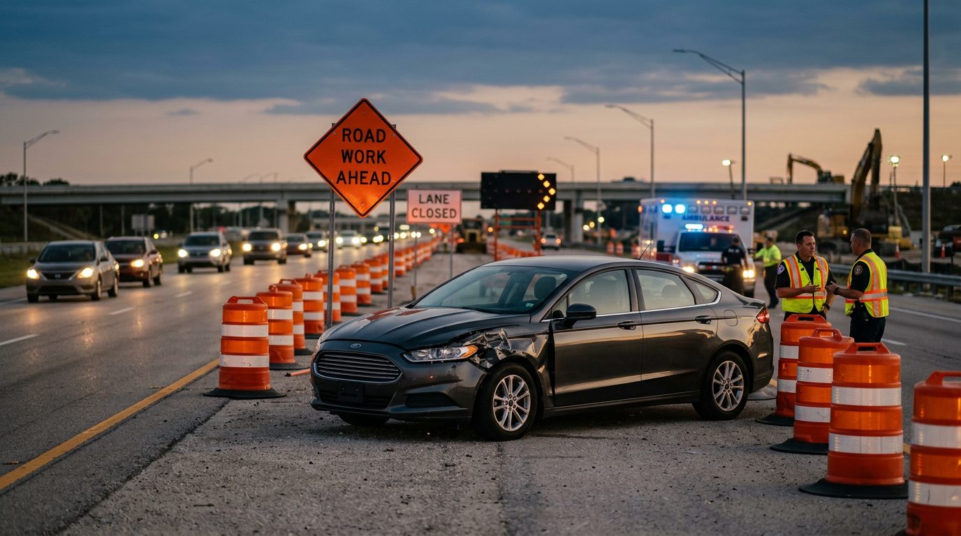 Damaged vehicle in highway work zone with orange barrels and lane-closure signs at dusk.