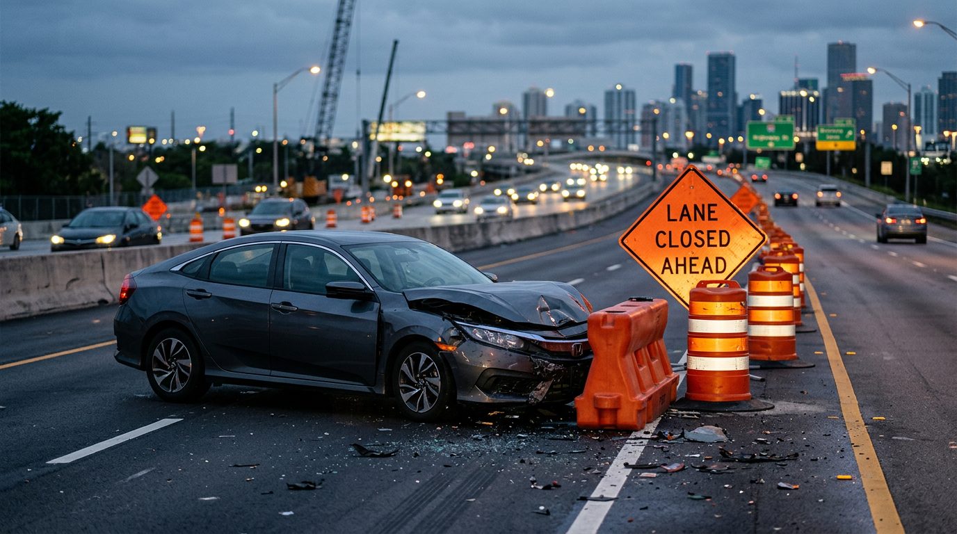 Damaged vehicle in highway work zone with orange barrels and lane-closure signs at dusk.