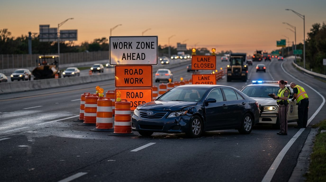 Damaged vehicle in highway work zone with orange barrels and lane-closure signs at dusk.
