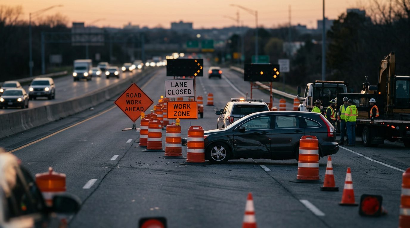 Damaged vehicle in highway work zone with orange barrels and lane-closure signs at dusk.