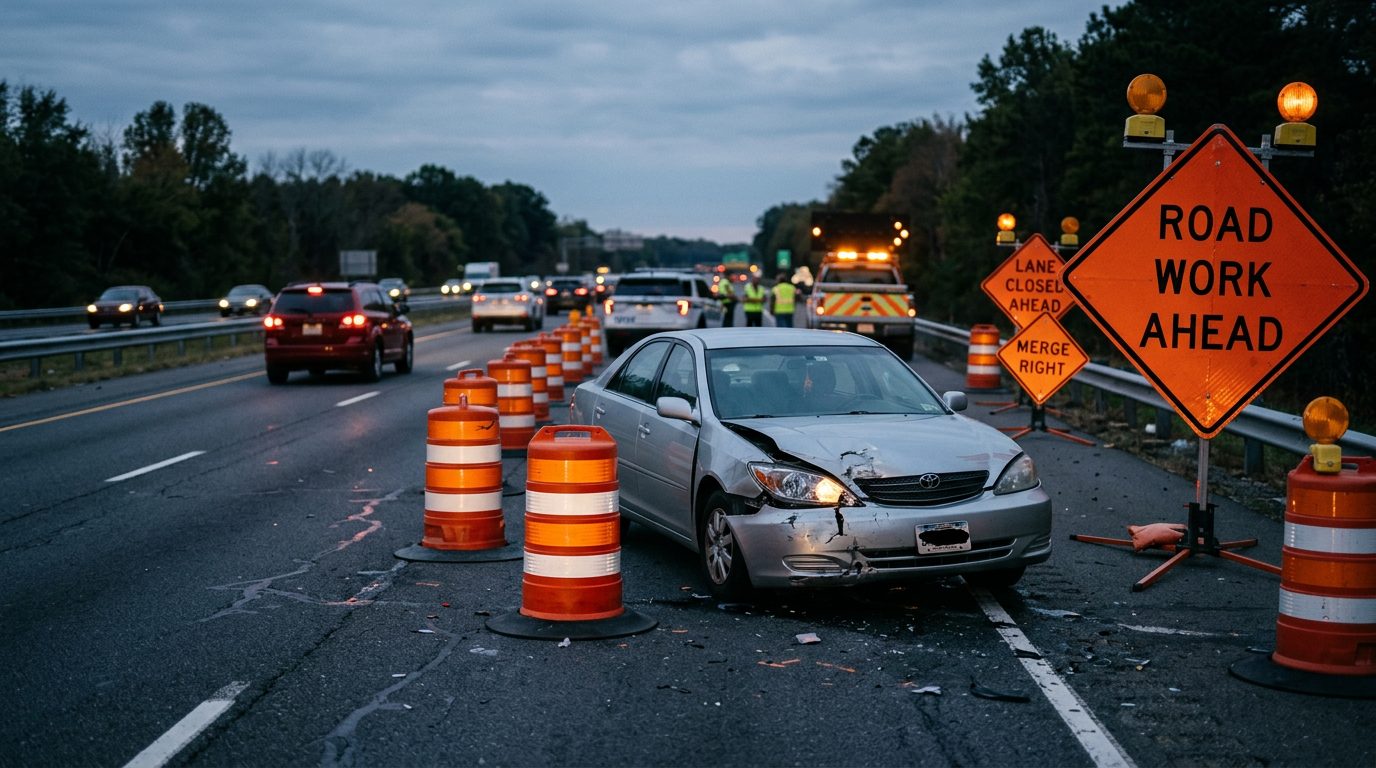 Damaged vehicle in highway work zone with orange barrels and closure signs at dusk.