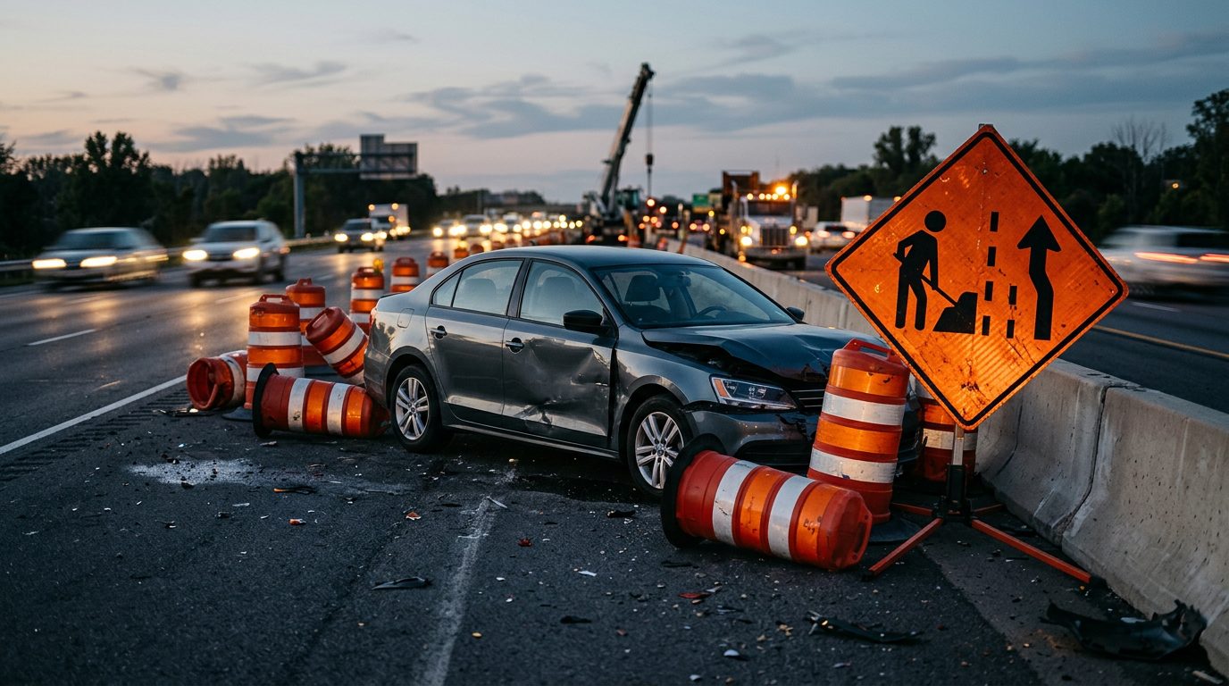 Damaged vehicle in highway work zone with orange barrels and lane-closure signs at dusk.